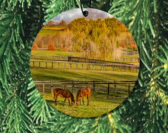 Kentucky Horse Farm Ornament, Horse Ceramic Ornament, Bluegrass Ornament with thoroughbred horses, Lexington,  Art for Christmas Tree