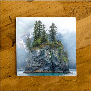 May include: A rocky island with a small group of evergreen trees growing on top. The island is surrounded by water and a misty background of mountains.