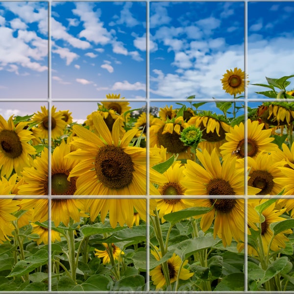 Sunflower Ceramic Tile Mural, Kitchen & Bathroom Sunflower Field Backsplash - Various Sizes Available"