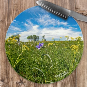 Spiderwort Wildflower Cutting Board, Tempered Glass Cheese Board,  wildflower art, counter protector, Wildflower Photo