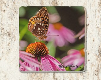 Butterfly Stone Coaster,  Wildflower Coaster, Coneflower Stone Tile, Absorbent Floral Coaster, tumbled stone drink coaster