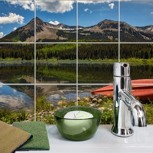 Colorado Ceramic Tile Mural, Colorado Lake Mural with Mountain Reflection, kitchen back-splash, Decorative canoe mural, Colorado Wall Art