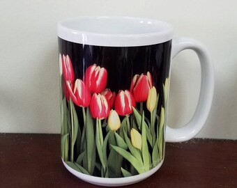 Tulip Mug with Beautiful Spring Tulips all around, 2 sizes - Floral Coffee Mug or tea cup Mothers Day gift, bridal gift or housewarming gift