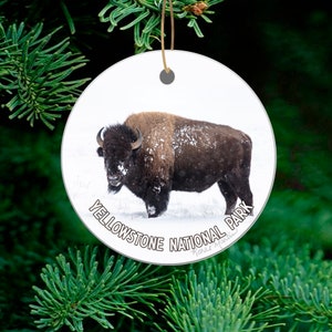 Yellowstone National Park Ornament with Bison and Title taken at Yellowstone National Park, Ceramic Yellowstone Ornament & Keepsake