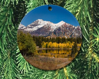 Crested Butte Colorado Ceramic Ornament, Lost Lake Kebler Pass Ornament with snowtop Mountains & Fall Aspens Colorado Art for Christmas Tree