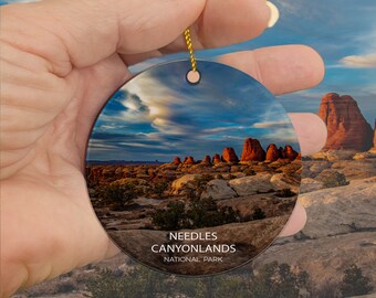 Scenic Canyonlands Ceramic Ornament – Needles Sunset Captured by Koral Martin; Labeled with Needles Canyonlands National Park,  Keepsake