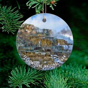 Yellowstone Mammoth Hot Springs Ornament With Title taken at Yellowstone National Park, Yellowstone Ornament great for Yellowstone Keepsake