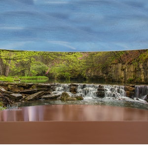 Redbud Falls Curved Metal Print, Waterfall Art on Metal.  Missouri art on Vibrant Curved Metal Print for Desk or Shelving, photo on metal