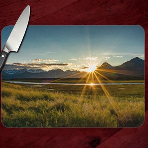 Stunning Alaska Sunset Cutting Board: Photo of Sunburst at Sunset at Lake Clark National Park, Chinitna Bay, Bear Country