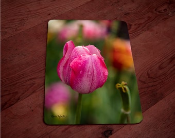 Gorgeous Pink Tulip Floral Cutting Board with photo of Pink Tulip with Rain Drops, Tulip Art Tempered Glass Cutting Board