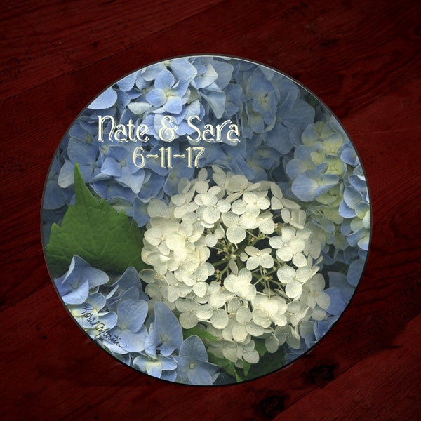 Wedding Hydrangea Photo Round Tempered Glass Cheese Board Cutting Board, Fine Art,  Blue White Centerpiece,  bridal bouquet, favor, gift