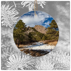 Chautauqua Flatirons Ceramic Ornament: Winter Colorado Art