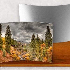 Scenic Colorado Curved Metal Print of Trout Lake Train Trestle for Desktop - Captivating Colorado Photograph, Perfect for shelf