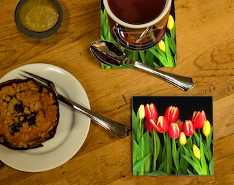 Red Yellow Tulip Coaster on Matte Finish Ceramic Tile ,Floral Drink Coaster, Floral trivet with Tulips, Perfect for Floral Decor
