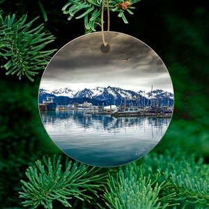 Seward Ornament with Docks at Seward Alaska Photograph, Seward Port Ornament, Alaska Christmas Ornament, Alaska Keepsake image 1