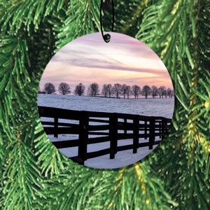 Kentucky Horse Farm Ornament, Kentucky Ceramic Ornament, Bluegrass Ornament with snow and sunset, Horse Farm Art for Christmas Tree