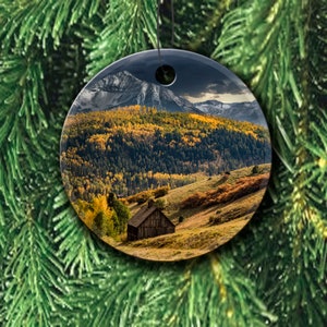 Fall Colorado Ceramic Ornament, Telluride Mountains Ornament with Old School House, Beautiful Colorado Art for Christmas Tree