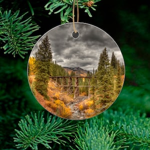Colorado Ceramic Ornament of Trout Lake Train Trestle, Telluride Colorado Ornament , Beautiful Fall Colorado Art for Christmas Tree