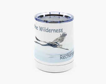 Escape To The Wilderness 10oz Insulated Stainless Steel Mug With Inspirational Quote and Great Blue Heron