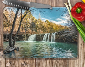 Falling Water Falls Arkansas Cutting Board - Also Stunning Tempered Glass Board for Charcuterie  - 2 Sizes - Bring Nature to Your Kitchen