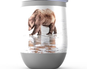 Stainless Steel Coastal Brown Bear Tumblers - "Clamming" - Keep Your Wine Chilled For Hours!