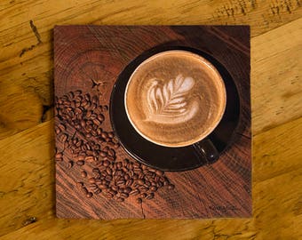 Latte Art and Coffee Beans Photo Ceramic Drink Coaster, coffee coaster,  ceramic tile, fine art, cappacino, latte coaster,