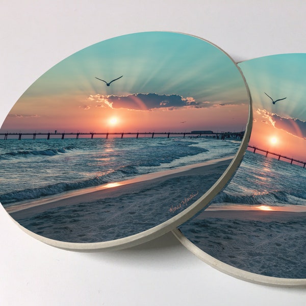 Beach Sunset Car Coasters made of premium sandstone with unique photo of sunset of the ocean.