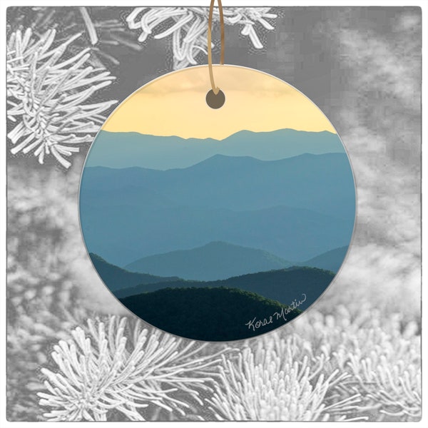 Blue Ridge Mountain Ornament with Layers of Mountains along Blue Ridge Parkway, Beautiful Smokey Mountain Art for Christmas, Ceramic