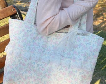 Floral Quilted Tote Bag – Pastel Cottagecore Lace Trim | Handmade Soft Girl Gift