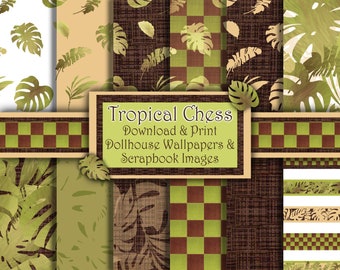 Tropical Chess. Dollhouse Wallpaper and borders. Scrapbook Paper. Printable Papers. Instant Digital Downloads. 1:12 Scale #102