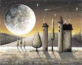 Sternschnuppe, Lollipop-Baum, Häuser, Golden Moonlight – sofortiges Digital Download - Mond, Gold Zitronengelb schwarz weiß