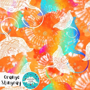 May include: An orange and white tie-dye pattern with stylized stingray illustrations in white, blue, and pink. The design includes the text "Orange Stingray" and a circular logo with the text "Ladybird Spoor".