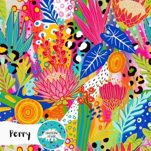 May include: A colorful, abstract floral pattern with pink, yellow, blue, and green flowers. The pattern includes a leopard print and the text "Ladybird Roar" in a circle.