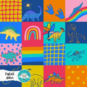 Könnte beinhalten: Ein farbenfrohes Patchwork-Design mit verschiedenen Dinosauriern, Regenbogen und geometrischen Mustern. Das Design umfasst eine Vielzahl von Dinosauriern in verschiedenen Farben, einen Regenbogen und eine Sonne. Die Worte "Patch dinos" sind ebenfalls sichtbar.
