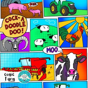 May include: A comic strip illustration featuring farm animals and machinery. Panels depict a pig, sheep, rooster, cow, and tractor. Speech bubbles display "OINK," "BAA," "MOO," and "COCK-A-DOODLE-DOO!" The words "Comic Farm" are also visible.