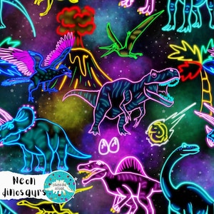 May include: A vibrant, neon-themed pattern featuring various dinosaurs, volcanoes, and palm trees against a starry, galaxy-like background. The dinosaurs are outlined in bright neon colors, including blue, pink, and green. The text "Neon dinosaurs" is visible.