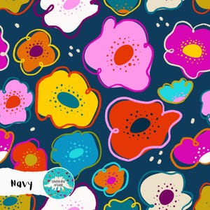 May include: Navy blue fabric with a repeating pattern of colorful, abstract flowers. The flowers are in shades of pink, orange, yellow, and blue, with white and black accents. The word "Navy" is in white text.