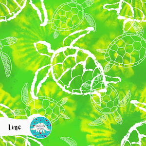 May include: Lime green fabric with a tie-dye effect and white outline drawings of sea turtles. The word "Lime" is written in black text at the bottom left of the image. A circular logo is also present.