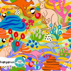 May include: A vibrant illustration showcasing kangaroos in a colourful, abstract landscape. The design features kangaroos in orange, pink, and grey, amidst stylized plants and shapes. The word "Kangaroos" is displayed at the bottom.