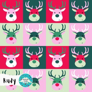 May include: A repeating pattern of reindeer faces in a grid. Each reindeer has a different color scheme, with pink, red, green, and white antlers and noses. The background alternates between red, green, and pink squares. The word "Rudy" is written in black script.