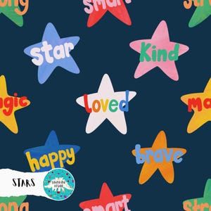 May include: A repeating pattern of colourful stars with words such as "Star", "Kind", and "Brave" on a dark blue background. The stars are in various colours, including blue, pink, and yellow. The word "Stars" is at the bottom left.