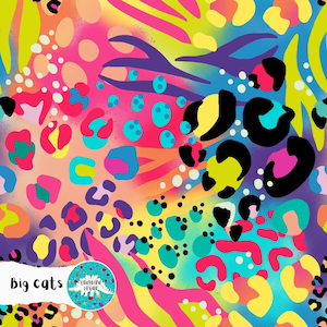 May include: A bright, multi-coloured pattern with leopard spots, zebra stripes, and abstract shapes in pink, yellow, blue, and purple. The text "Big cats" is visible in the lower left corner.