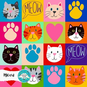 Peut inclure: Un motif carré coloré avec des visages de chats, des empreintes de pattes et des cœurs sur des fonds de couleurs variées. Le mot "MEOW" apparaît dans une bulle et en dessous de l'image. L'image a un style ludique et cartoon.