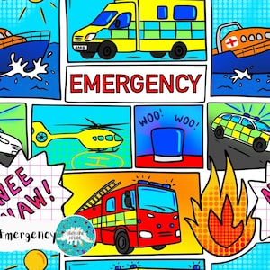 May include: A colorful comic-style illustration featuring emergency vehicles and rescue scenes. The image includes an ambulance, fire truck, helicopter, police car, and rescue boat. The word "EMERGENCY" is prominently displayed in red letters.