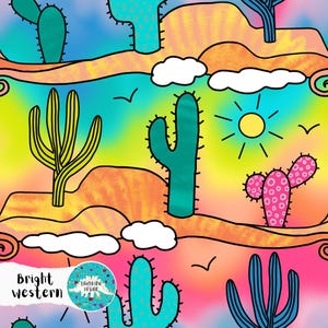 Puede incluir: Un patrón colorido con cactus, nubes y un sol sobre un fondo degradado de amarillo, naranja y azul. El diseño incluye el texto "Bright western" y un logotipo circular.