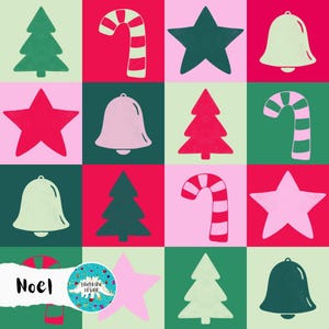 May include: A Christmas-themed pattern with repeating images of green Christmas trees, red stars, candy canes, and bells in red, green, and pink. The word "Noel" is written in white on a white banner.