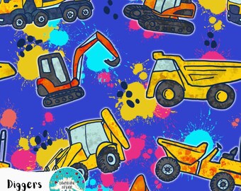 Construction Vehicles Seamless Pattern: Kids Digger Truck Fabric Design (Digital Download, 8x8in JPEG