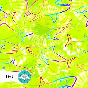 May include: Lime green fabric with a tie-dye effect, featuring a pattern of outlined sharks in rainbow colors. The word "Lime" is printed in white at the bottom left, with a circular logo next to it.