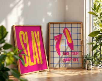 Lot de 2 impressions d'art, décoration murale maximaliste, art mural tendance, téléchargement numérique instantané, décoration de chambre fuchsia, impression numérique, décoration de chambre preppy