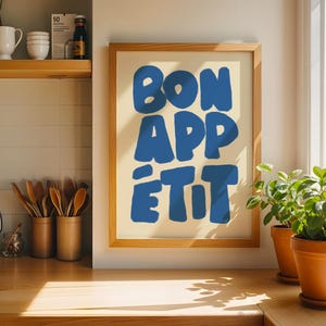 Bon Appetit Kitchen Wall Art, Trendy Blue Typography Print, Kitchen Wall Decor, Maximalist Wall Art, Typography Art, Digital Download